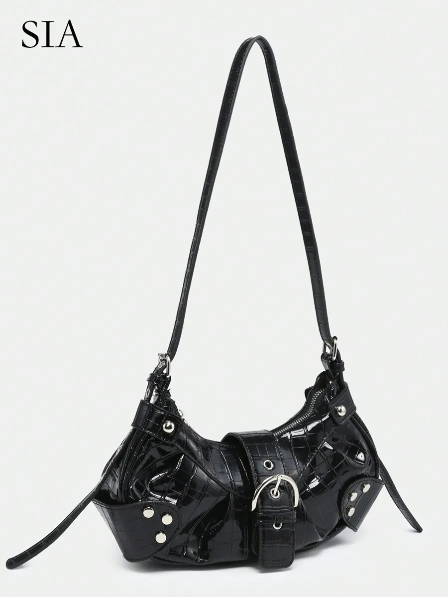 

Glossy Croc-Embossed Vegan Leather Saddle Bag with Rivets & Buckle Strap