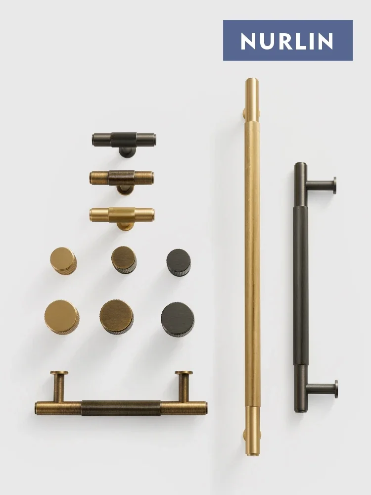 Nurlin Solid Brass Linear Pattern Kitchen Knobs Wardrobe Cabinet Door Drawer Handle Gunmetal Matte Gold Antique Bronze Pull