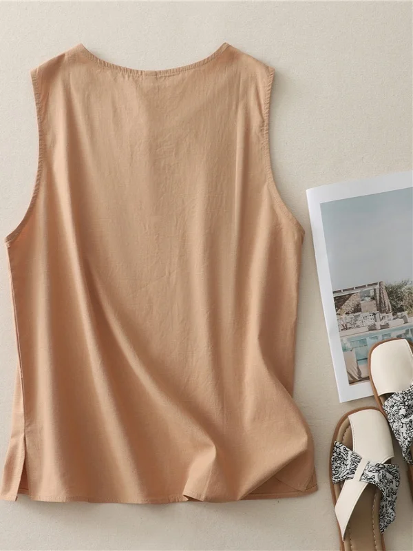 Retro Chinese Sle Svel round Ne Vest Large Size Women's Outerwear with Side Slits And Button Detail Simple Pure Color