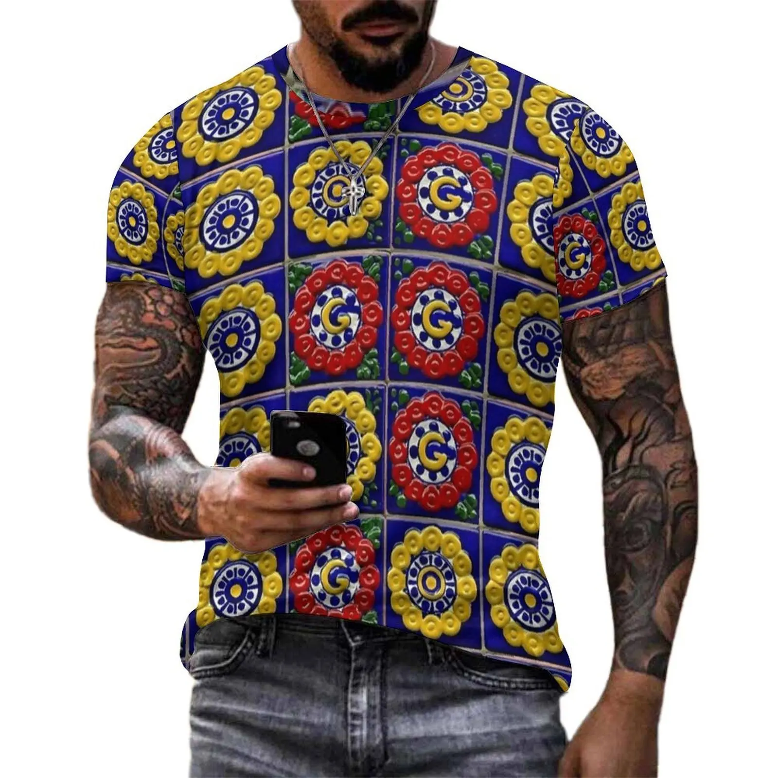Retro Color Majolica Tile Print T Shirt Fashion T Shirts Short-Sleeve Custom Tshirt Wholesale Premium Casual Oversized Clothes