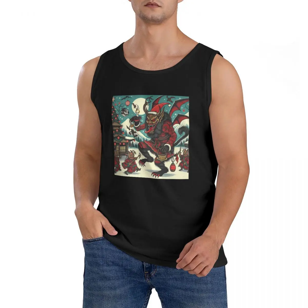 100% Cotton Japanese Woodcut Krampus Sleeveless T-Shirt Men Workout Sports Clothing Tops Men's Crew Neck Vest