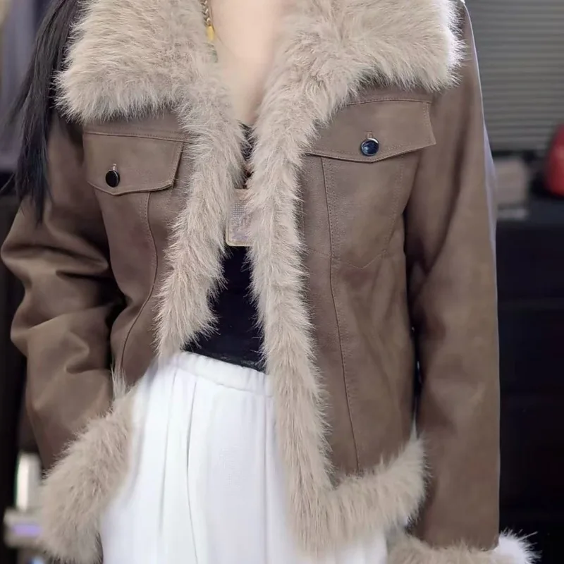 الاتجاه خمر المرأة سترة جلدية جديدة الصوف اصطف شتاء دافئ الفراء الجلود المرقعة معطف عالية الجودة فو سترة جلدية #1