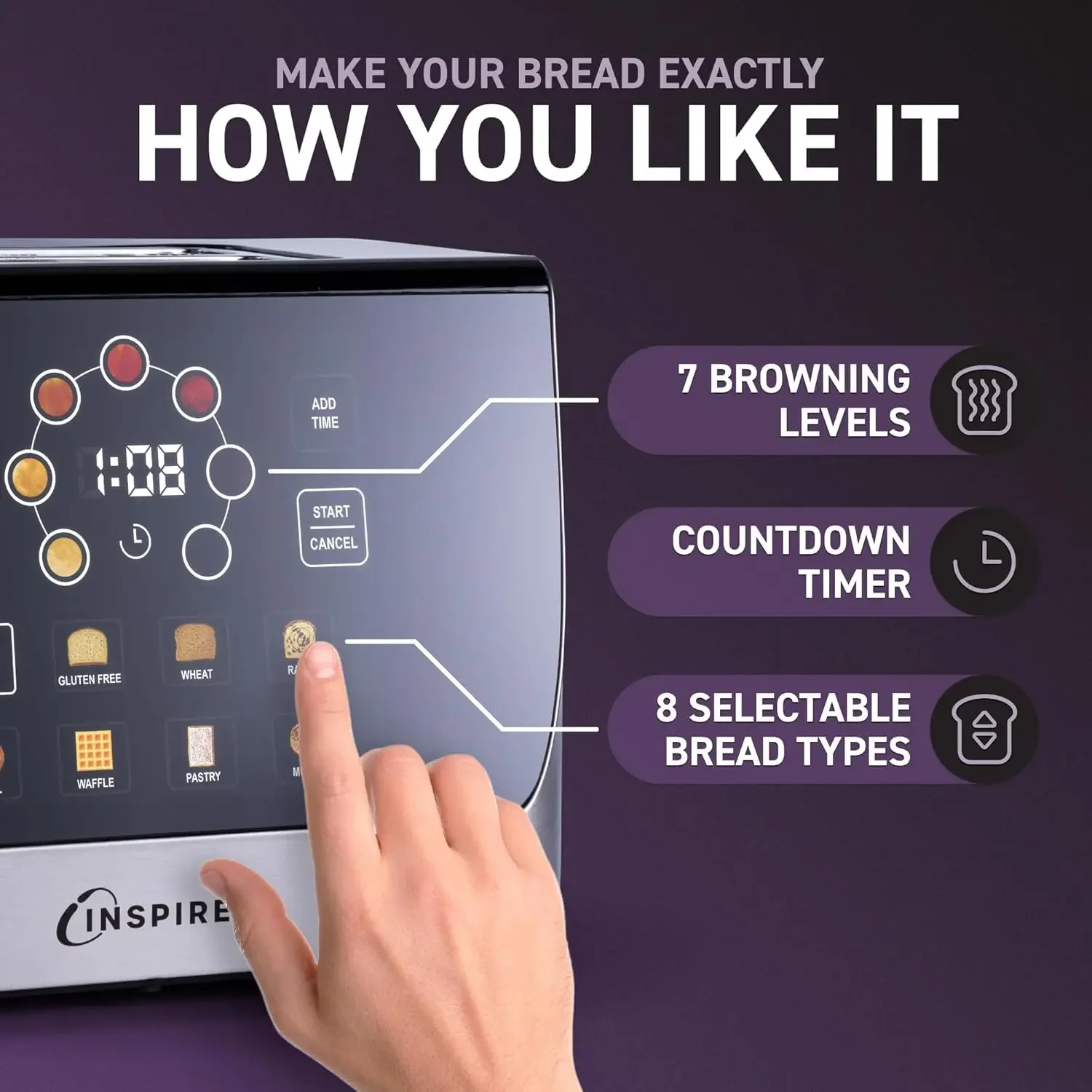 Touch Screen Display Smart Toaster, 2 Slice with 8 Bread Type and 7 Browning Modes, Automatic Lowering and Raising, Dig