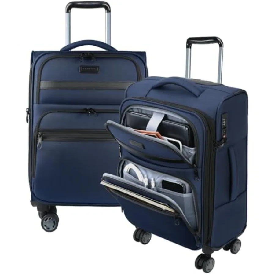 

20 Inch Softside Expandable Carry On Luggage with Front Business Pockets Navy Spinner Wheels Built-in TSA Lock Durable Rolling