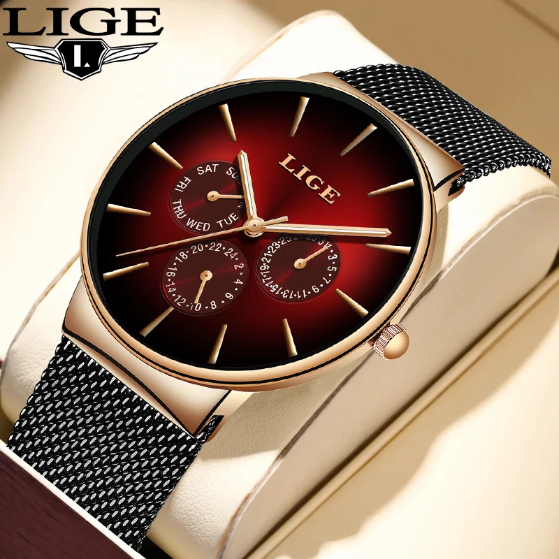 LIGE New Fashion Man Watch Luxury Business Quartz Watches for Men Ultra-thin Mesh Steel Belt Waterproof Wristwatch Sports Clocks