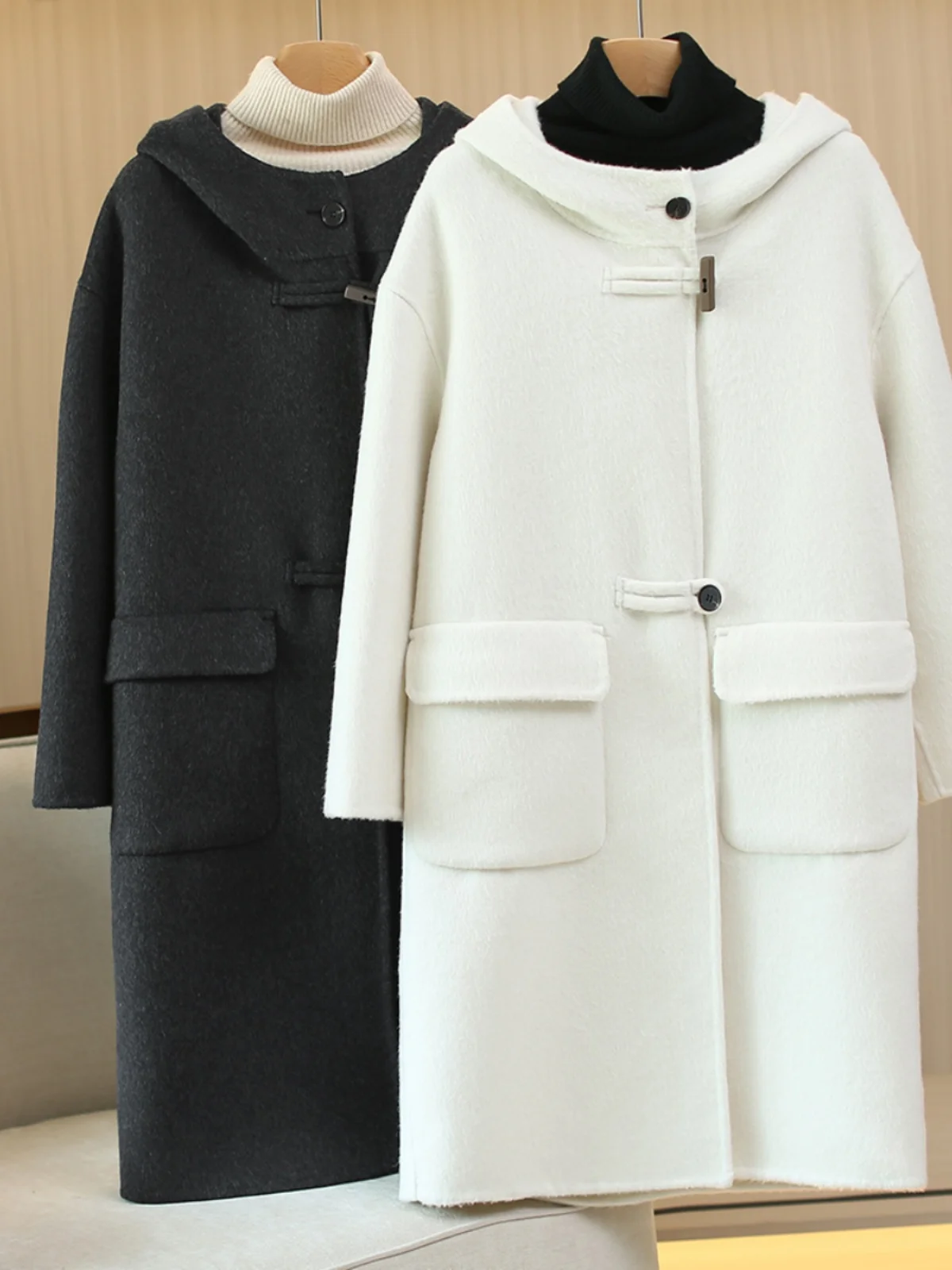 

Роскошное двустороннее пальто-камерер с капюшоном, шерстяная верхняя одежда средней длины, свободное зимнее пальто на пуговицах для поездок на работу