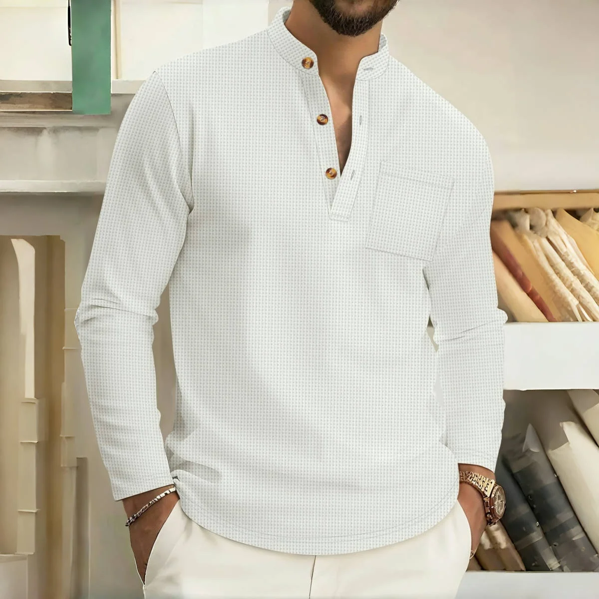 

Men's Long-Sleeve V-Neck Polo Shirt Spring/Autumn 2025 Casual Breathable Waffle Fabric Solid Color Fashion Sporty Button-Up
