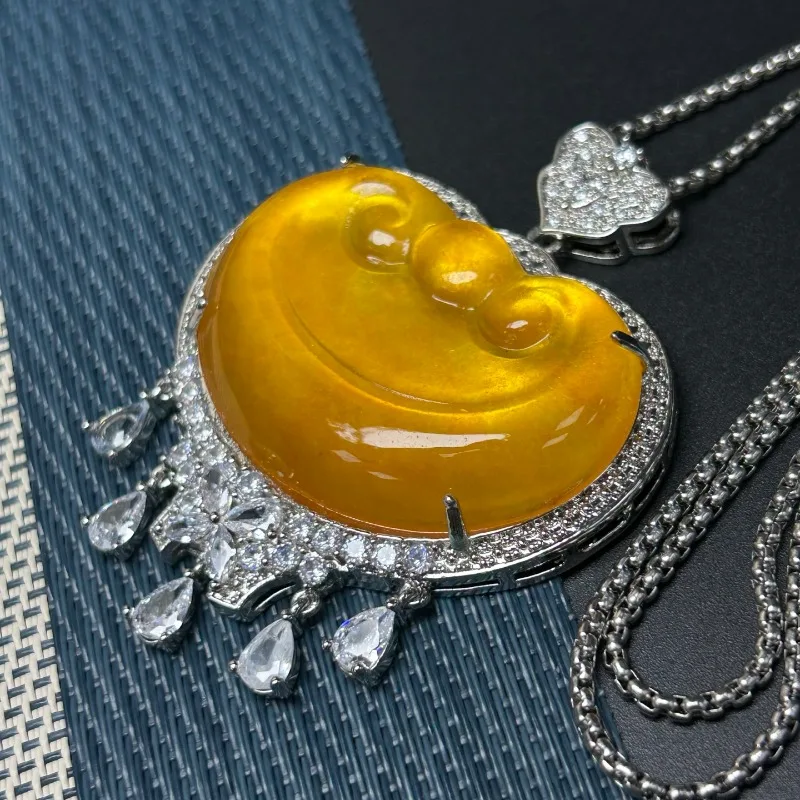 天然ハイアイス石英岩イエロー如意ペンダント、新しいアイスフローティングメンズ＆レディース人気セーターチェーン