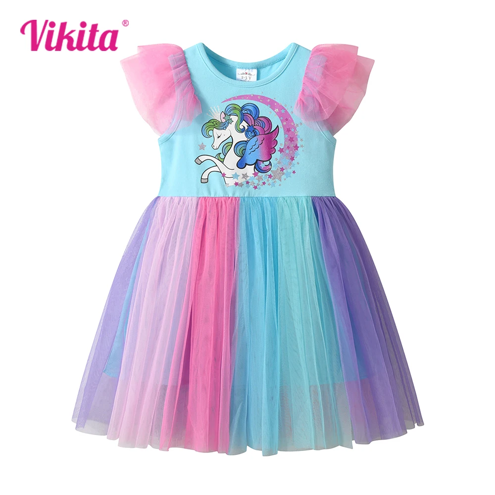 VIKITA Toddlers Unicorn Star Print Dress Kids Colorful Rainbow Ruffle Sleeves Birthday Party Princess Party Casual Costumes