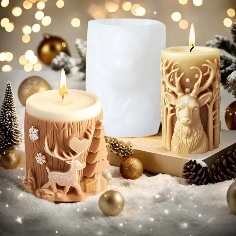 Christmas Tree Carving Pattern Cylindrical Candle 3D Silicone Mold Reindeer Snowflake Cylindrical Elk Candle Mold Christmas Gift