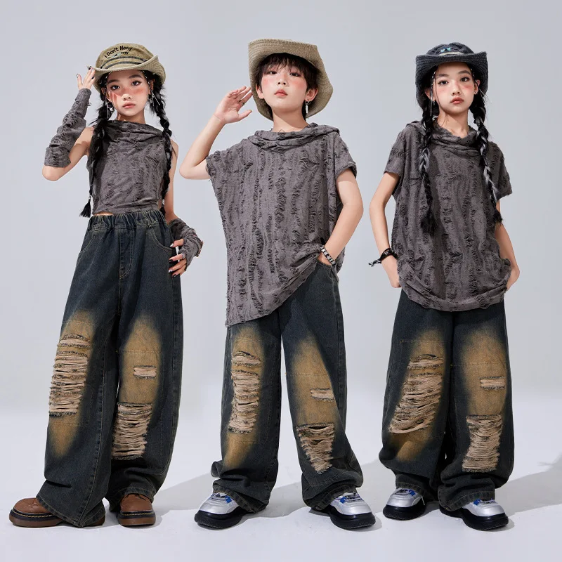 Boys Hip Hop Wasteland Punk Hoodies Ripped Denim Pants Girls Crop Top Jeans Child Streetwear Costume Kids Jazz K-pop Clothes