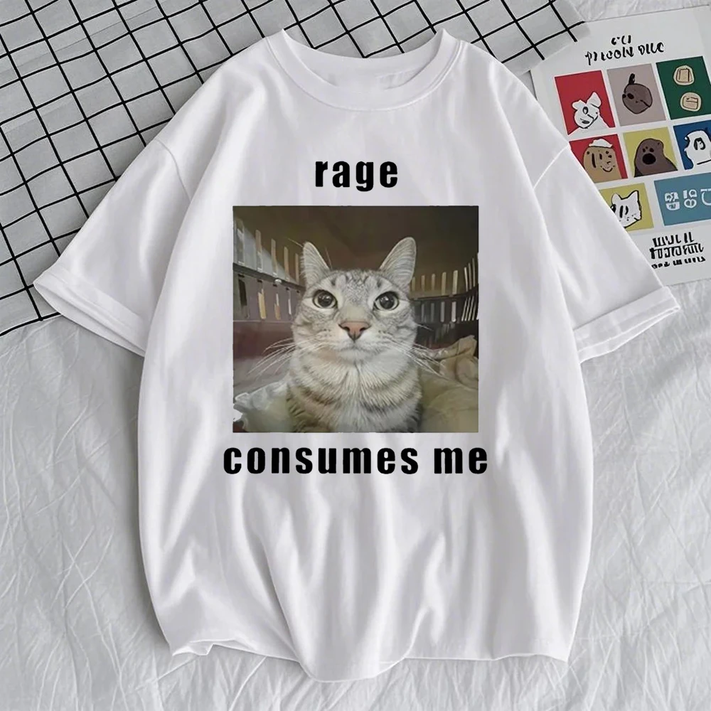 

Rage Consumes Me Funny Cat Meme Графическая футболка Мужчины Женщины Повседневные хлопковые свободные футболки Модная винтажная футболка с коротким рукавом