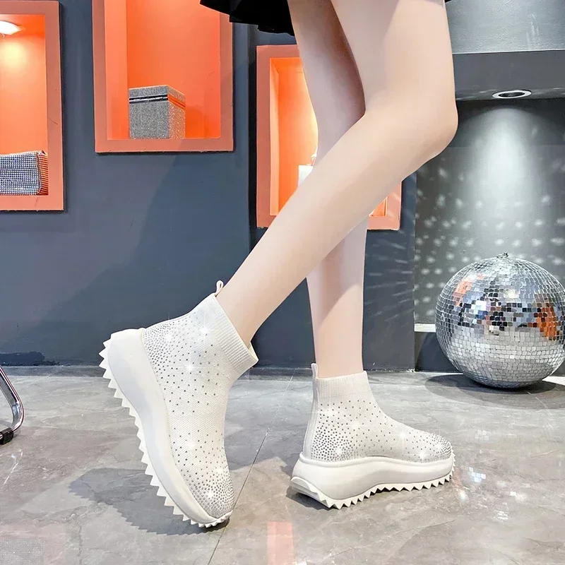 2024 New Stretch Knitted Booties Fabric Sock Platform Wedge Ankle Slip on Spring Autumn Women Fashion Rhinestone Bling Shoes