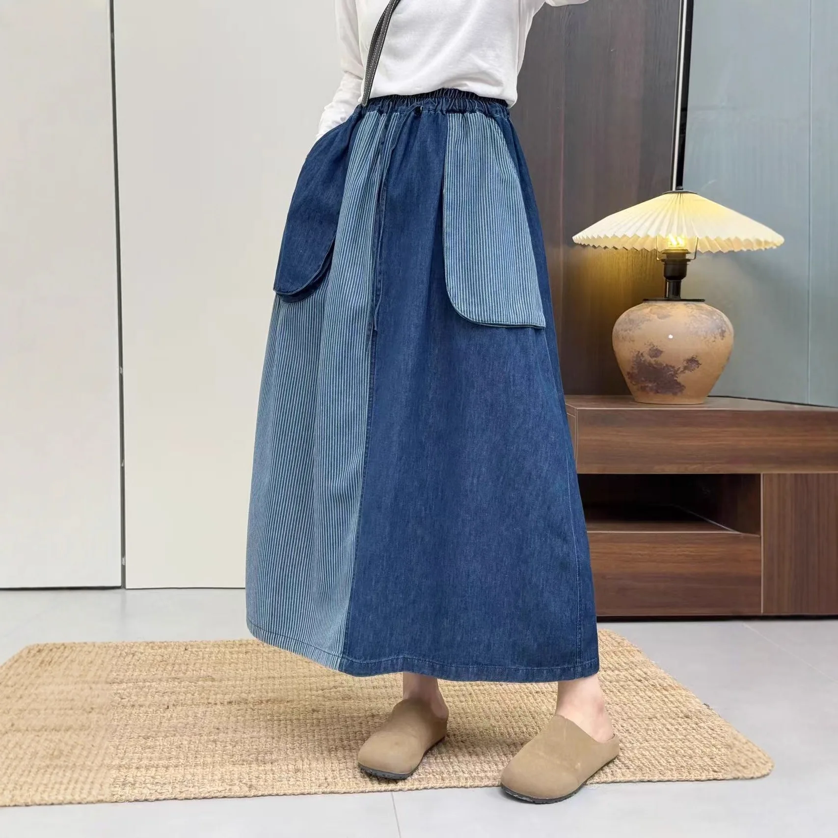 

Японские винтажные полосатые джинсовые юбки с большим карманом и передней частью Mori Girl, женские осенние повседневные джинсовые юбки трапециевидной формы с эластичной резинкой на талии