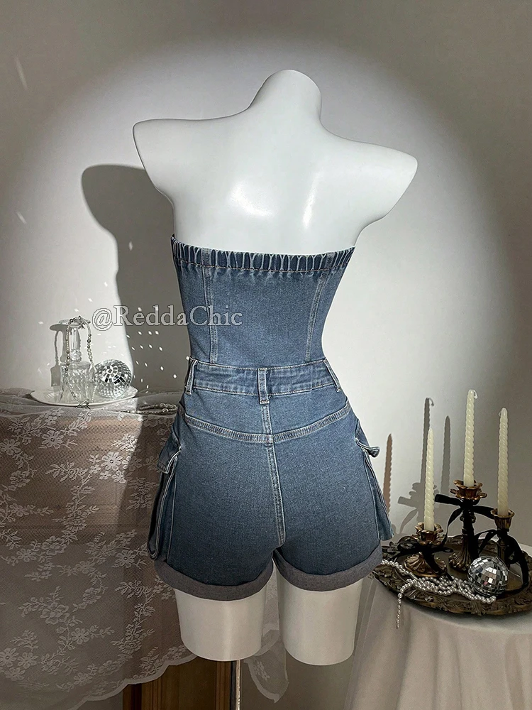 REDDACHiC Women Denim Overall Shorts Retro Do Old Button Front Elastic Back Strapless Cargo Jeans Jumpsuit Casual Everyday Wear