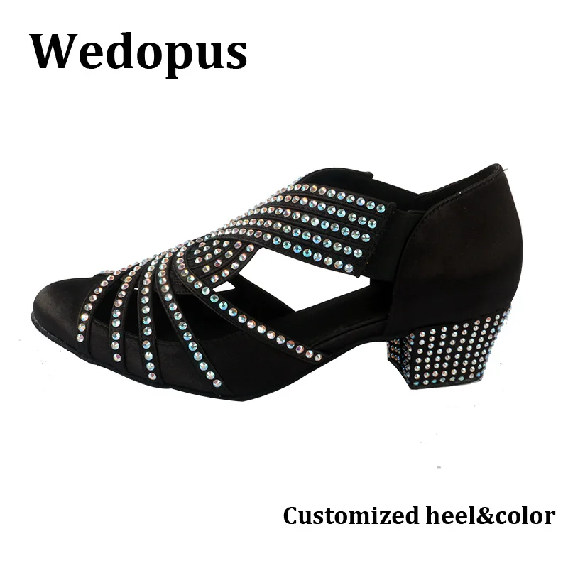 Wedopus Rhinestone Dancing Shoes Women Ballroom Latin Closed Toe Black Satin Low Heel Dance Black Elastic Bends