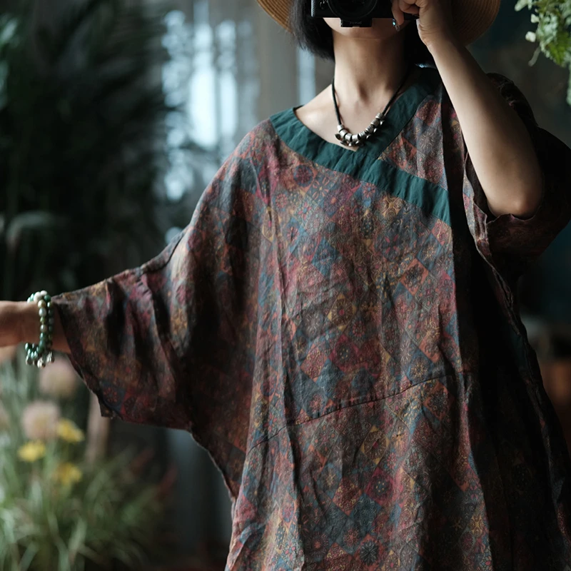 Abito lungo casual da donna oversize Nuovo arrivo 2025 Abiti estivi in lino femminile allentati con stampa floreale stile vintage con scollo a V M1669