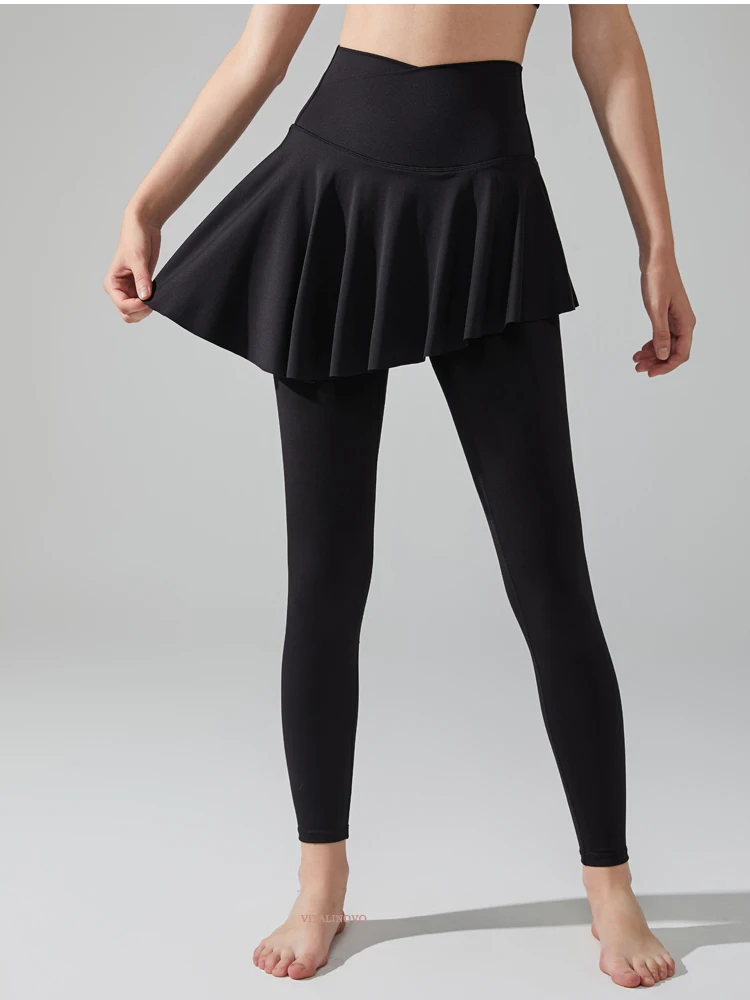 VITALINOVO Damen Crossover-Leggings mit Rock Tennis Yoga Leggings mit Rock Hohe Taille Rüschen Plissierter Skort Tennis Sport Golf – Detail 6