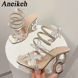 Aneikeh Strange Style Metal Fretwork Heels Gladiator Sandals Women Summer Fashion Peep Toe Butterfly Square Toe Party Dress Shoe