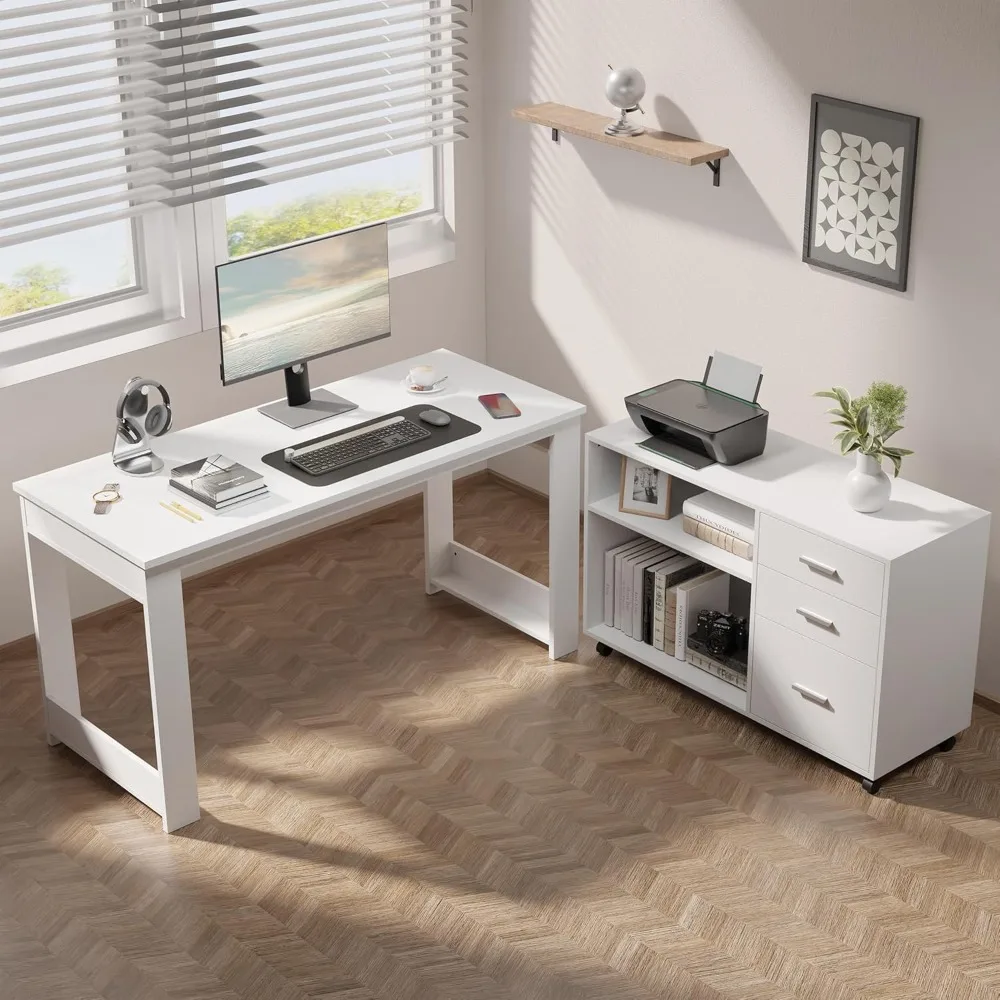 

MU 55inch White L Shaped Desk, Corner Computer Desk with 3 Drawers and 2 Shelves, Writing Office Table with Storage File Cabinet