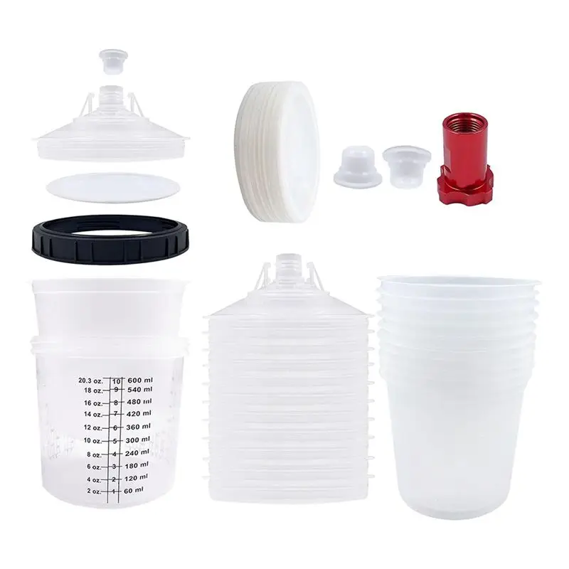 A02M-Paint Sprayer Mixing Cup Liner And Cap Kit System For HVLP Spray Guns, Automotive Paint Spraygun 20 Oz (600 Ml) Set