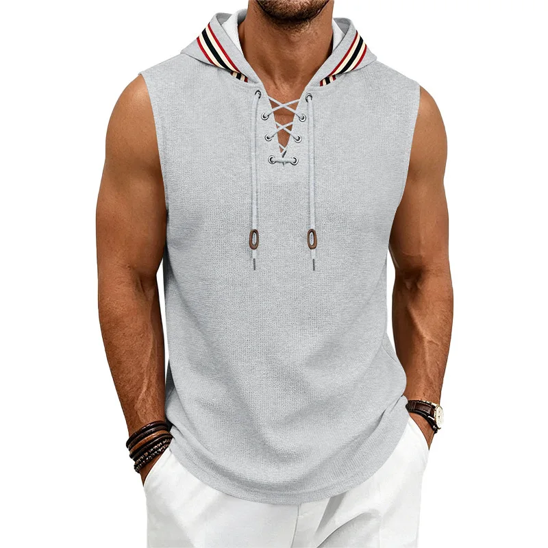 New Men's Sleeveless Hooded Vest with Cross-Lacing and Waffle Knit Sport Vest for Casual Summer Fitness and Streetwear Look