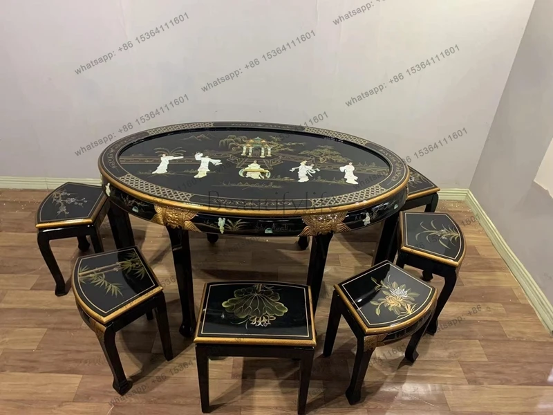 hand-painted carved Huadan table, black stone flower dining table and chairs, one table and six chairs, Chinese furniture
