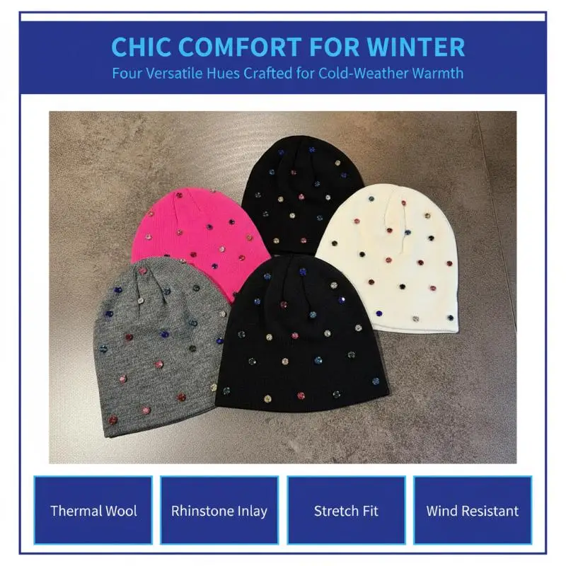Warm Casual Bling Rhinestone Beanies Fashion Thick Knit Hats for Adult Outdoor Skiing Camping Street Wear