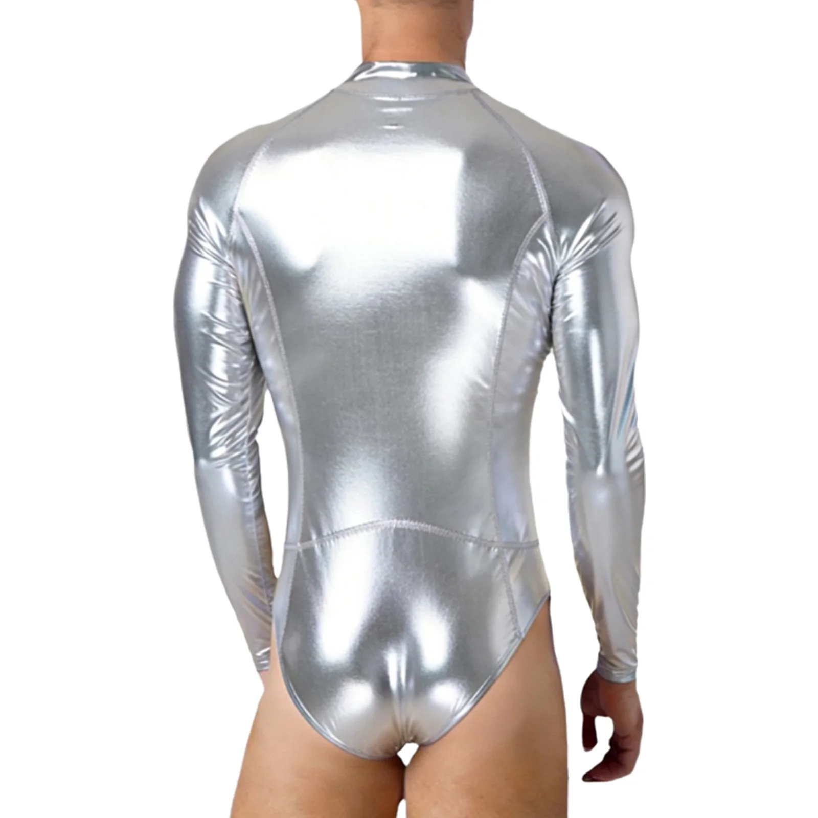 Swimwear Mens Metallic Shiny Bodysuit One-piece Swimsuit Zipper Long Sleeve Rompers Gymnastics Astronaut Alien Carnival Costumes