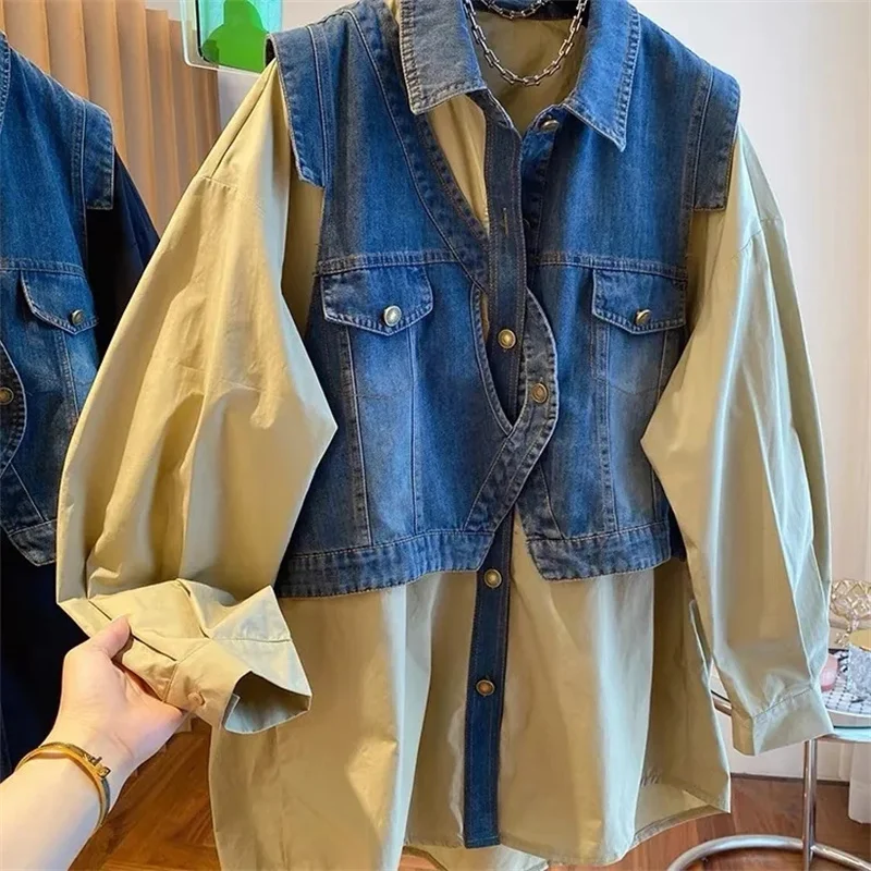 

2024 Fashion Blouse for Women Patchwork Denim Fake Two Shirts Windbreaker Female Casual Fashion Korean Oversized Tops