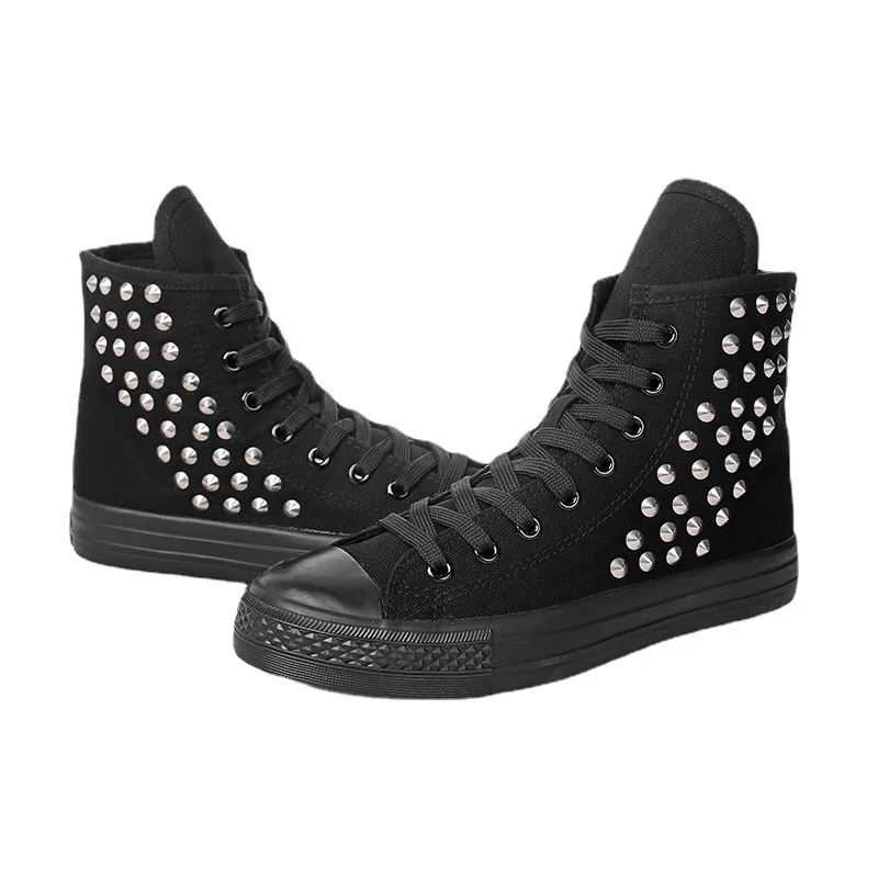 

Women's Rivet High Top Canvas Shoes Inner Height Increasing Casual Woman's Sneakers Fashion Side Zipper Short Boots Botas Mujer