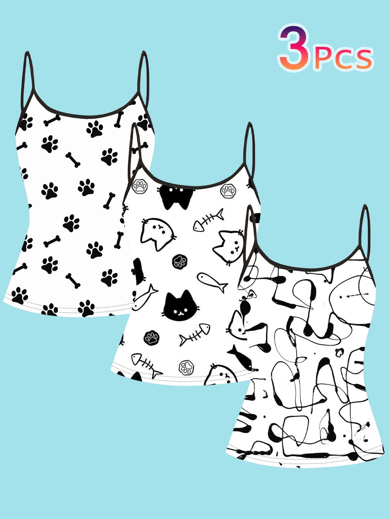3-Pack Cute Cat Paw Print Spaghetti Strap Tank Tops Simple Doodle Fishbone Line Slim Fit Sleeveless Tops Cute Casual Versatile Inner Wear Outer Wear Base Layer Shirts