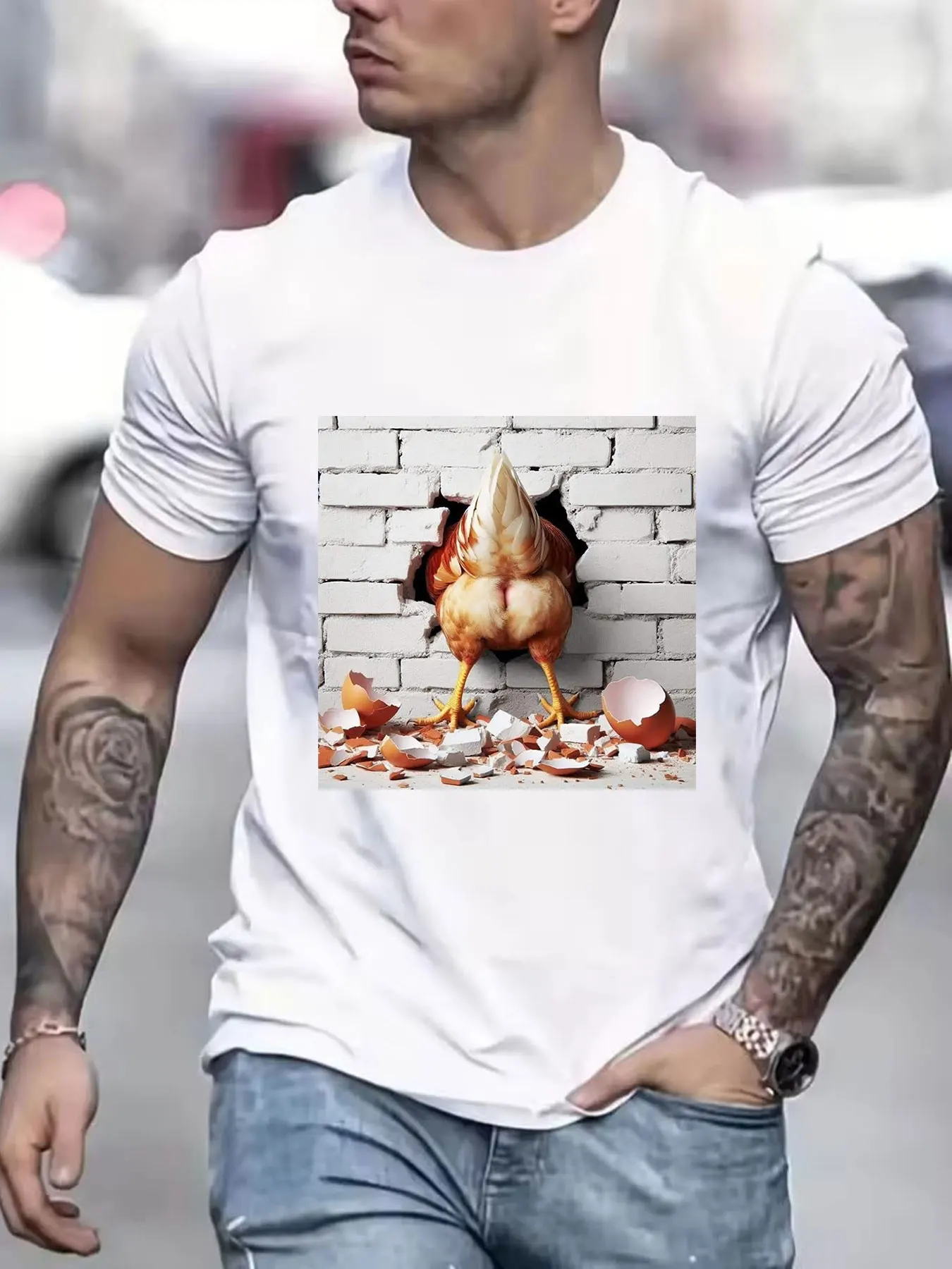 Men's Pure Cotton Funny T-Shirt, Hilarious Chicken Through Brick Wall Print Crew Neck Short Sleeve Tee, Novelty Casual Top