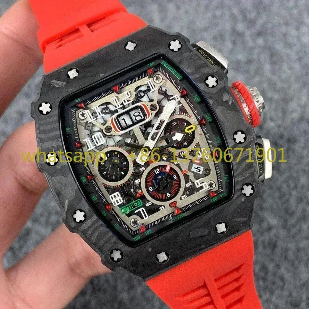 Luxury New Automatic Watch for Men Mechanical Movement Watches Frosted Black Carbon Fiber Case Red Rubber with Calendar