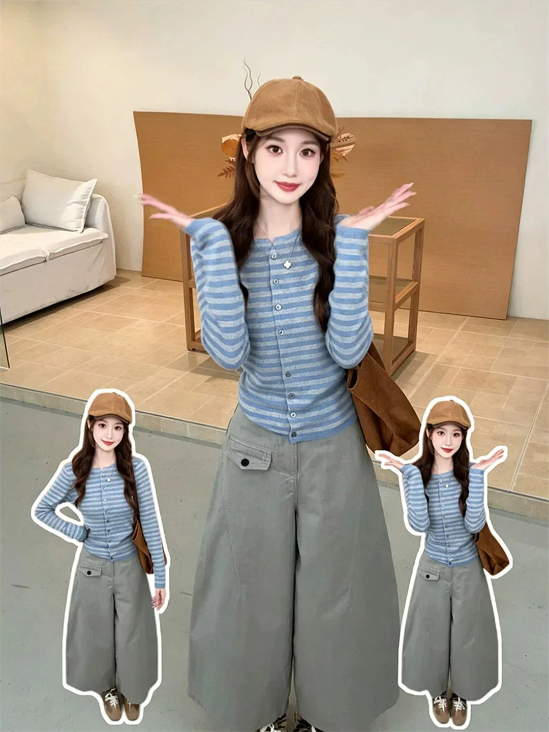Slim Fit Long Sleeve V-Neck Knitted Open Cardigan Women's Style Autumn Fashionable Slimming Sweater Jacket Color Block Design