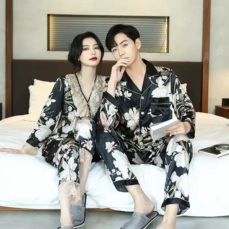 Autumn Homewear Trousers Pullover Spring Pyjamas Printed Shirt Pants Men Pajamas Women Floral Sleepwear Loungewear Satin Couple