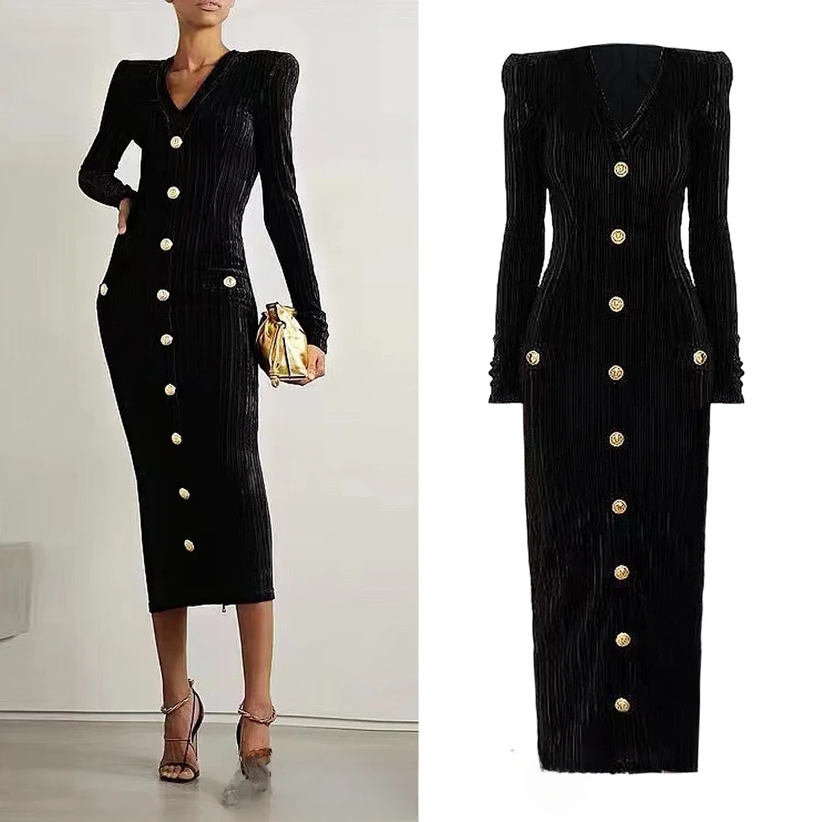 

Spring Autumn 2023 Velvet Long Sleeve Slimming Maxi Dress Back Zipper Gown Elegant Lady Style V Neck mid Waist Basic Design