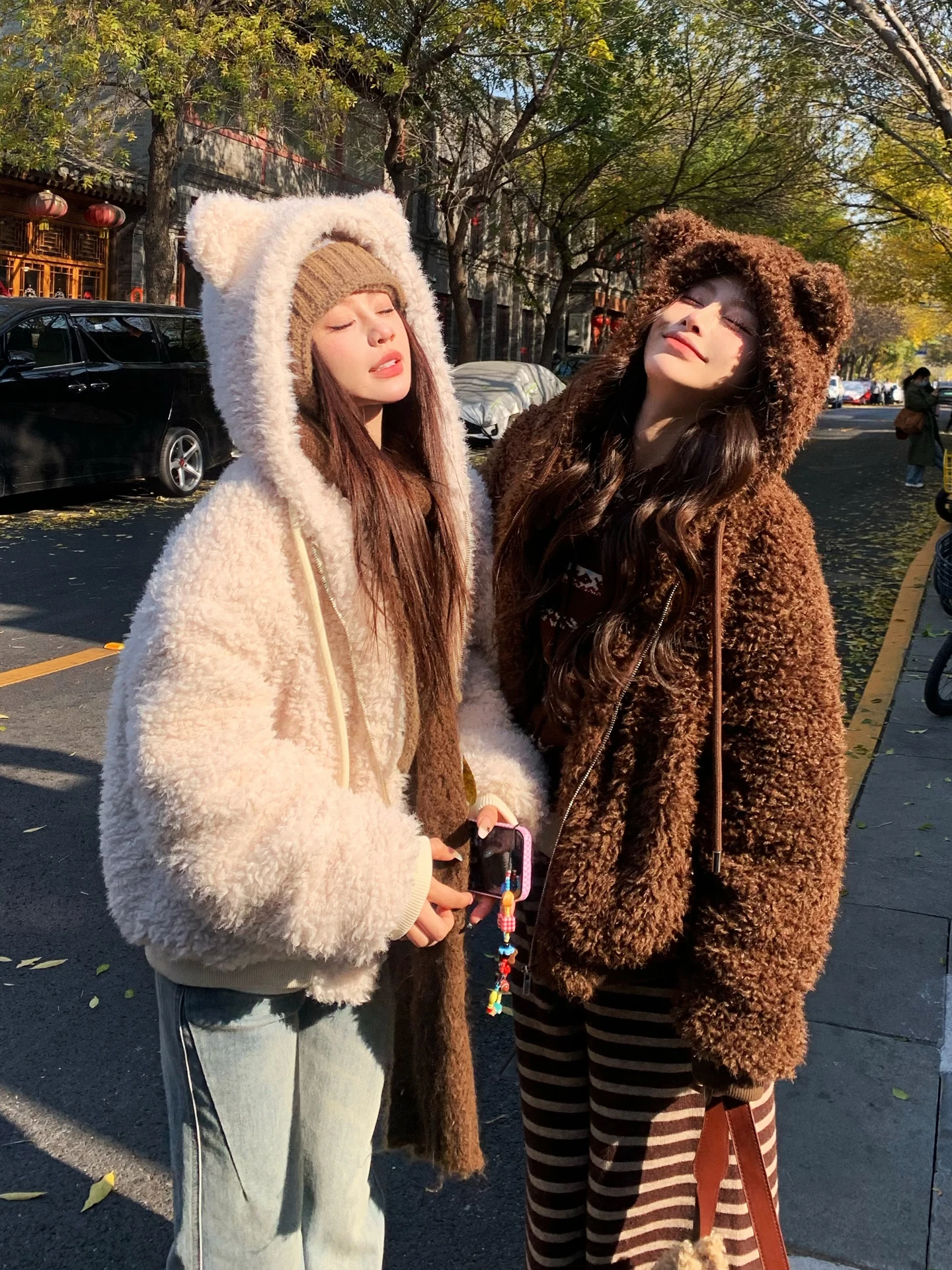 

Thiened Lamb Fur Jaet, женская осенне-зимняя теплая хлопковая одежда с медвежьими ушками, корейская свободная посадка, длинная застежка-молния све