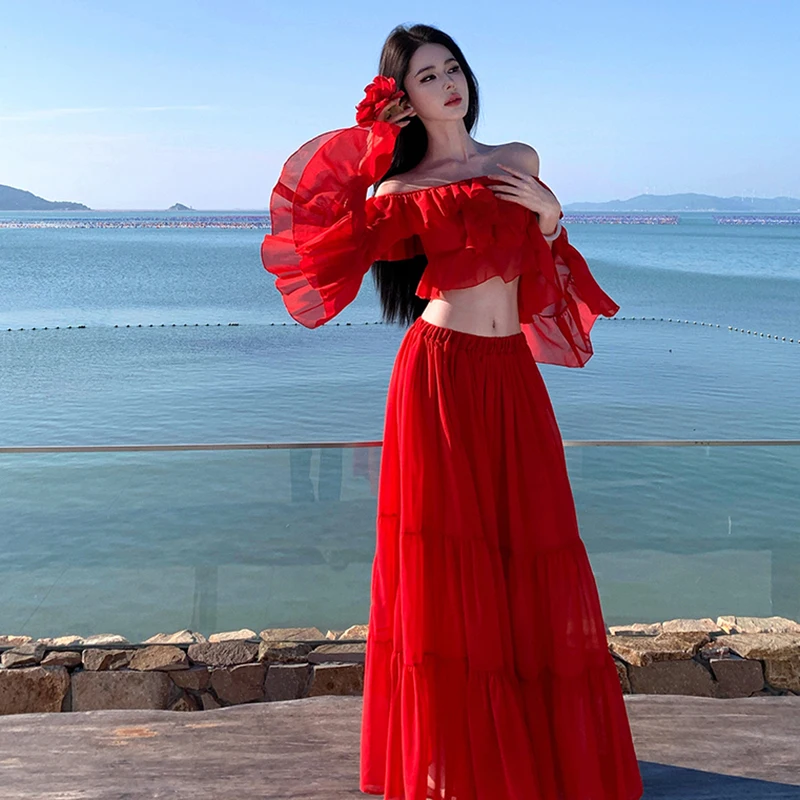 Beach Vacation Two Piece Sets Women Slash Neck Off Shoulder Ruffles Red Crop Tops Casual High Waist A Line Summer New Long Skirt