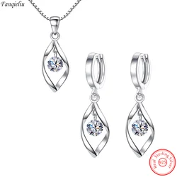 Real 925 Sterling Silver Crystal Drop Earrings Hollow Leaf Pendant Necklace Jewelry Sets For Women New Trendy FQL23066