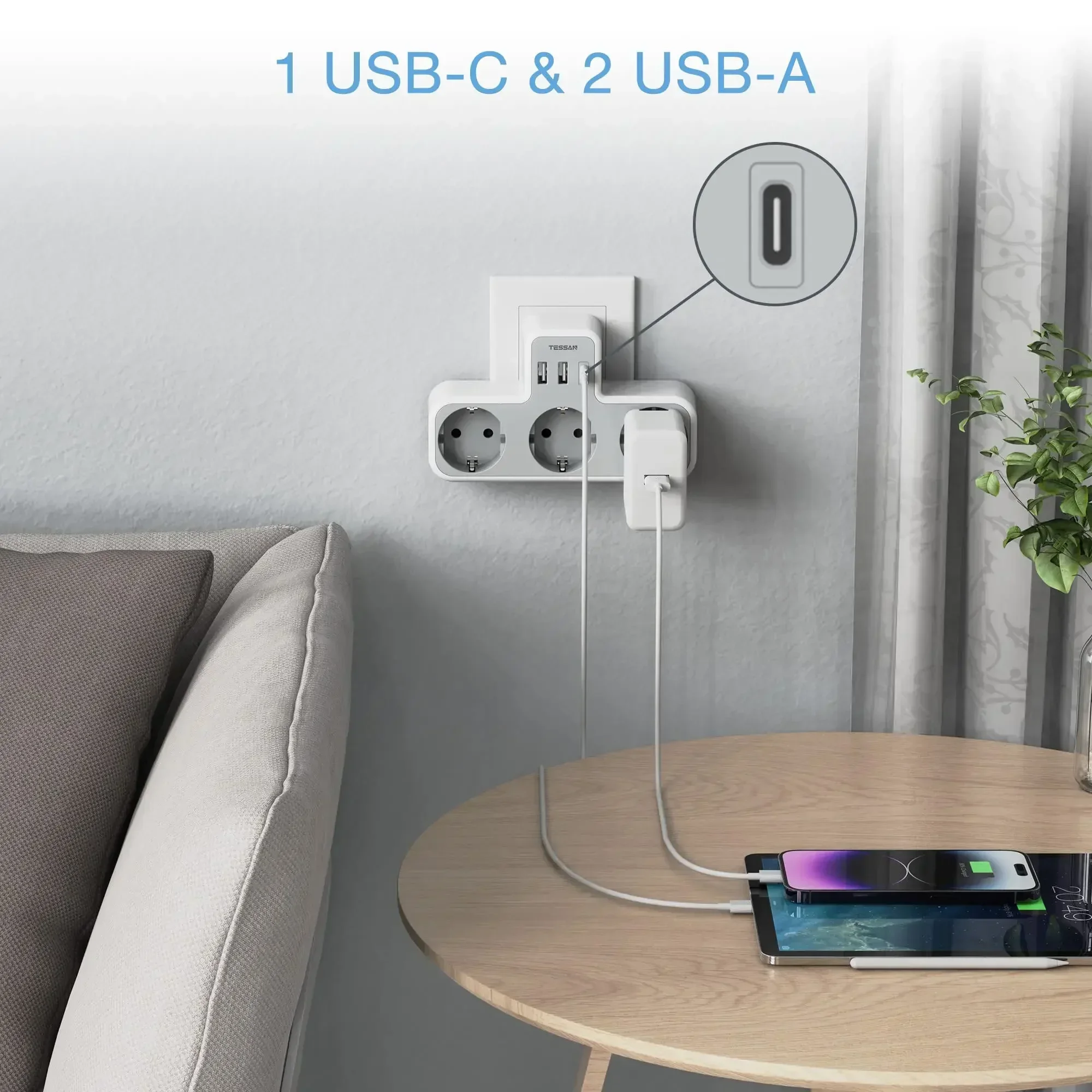 TESSAN EU Wall Socket Extender with 3 AC Outlets and 3 USB Ports 5V 2.4A Power Strip Adapter Overload Protection for Home/Office