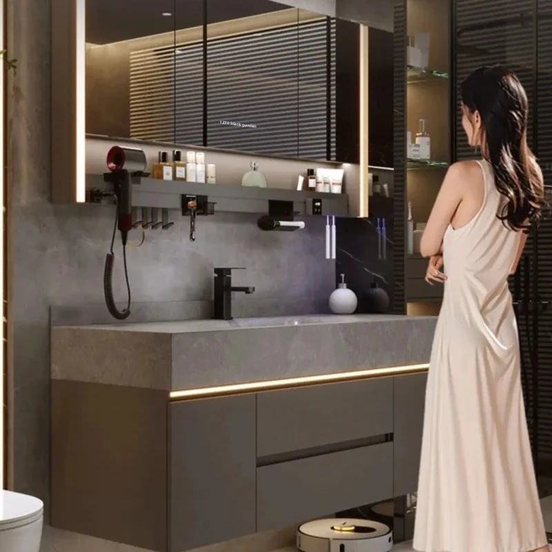 

Vanity Cabinet with Sink Smart Mirror Combination Bathroom Furniture Bathroom Cabinet with Rock Plate Integrated Basin Bathroom