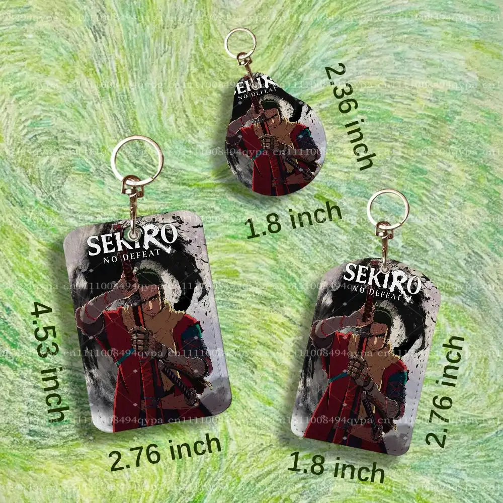 S-Sekiro No Defeat Creative PU Leather Card Holder with Keychain ID Card Holder Protective Cover For Credit Bus Subway Card