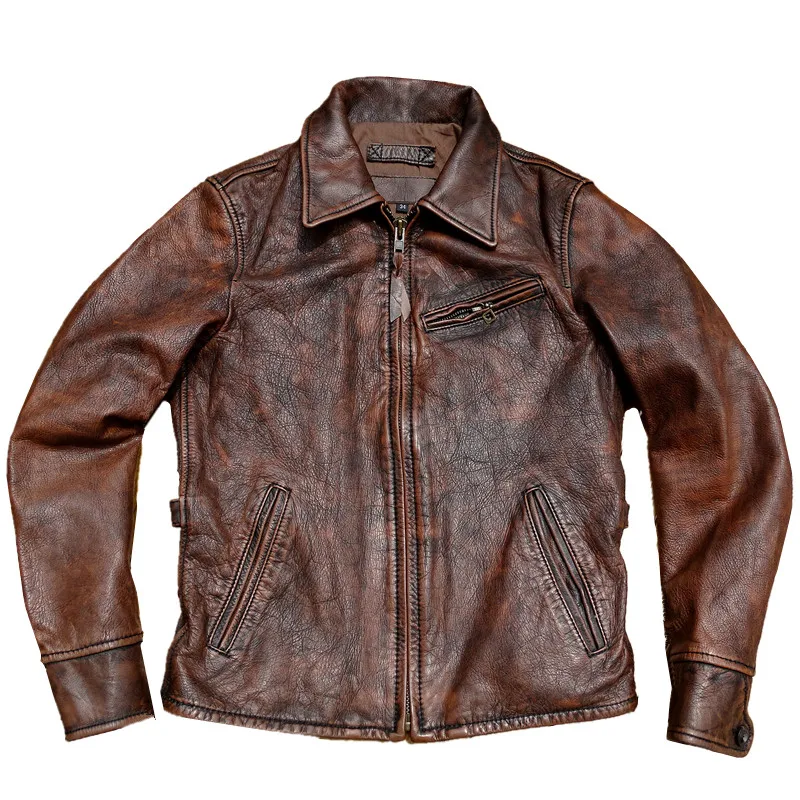 Genuine Leather for Men Cowhide Red Brown 1930s Motorcycle Cafe Racer Winter Autumn Wear