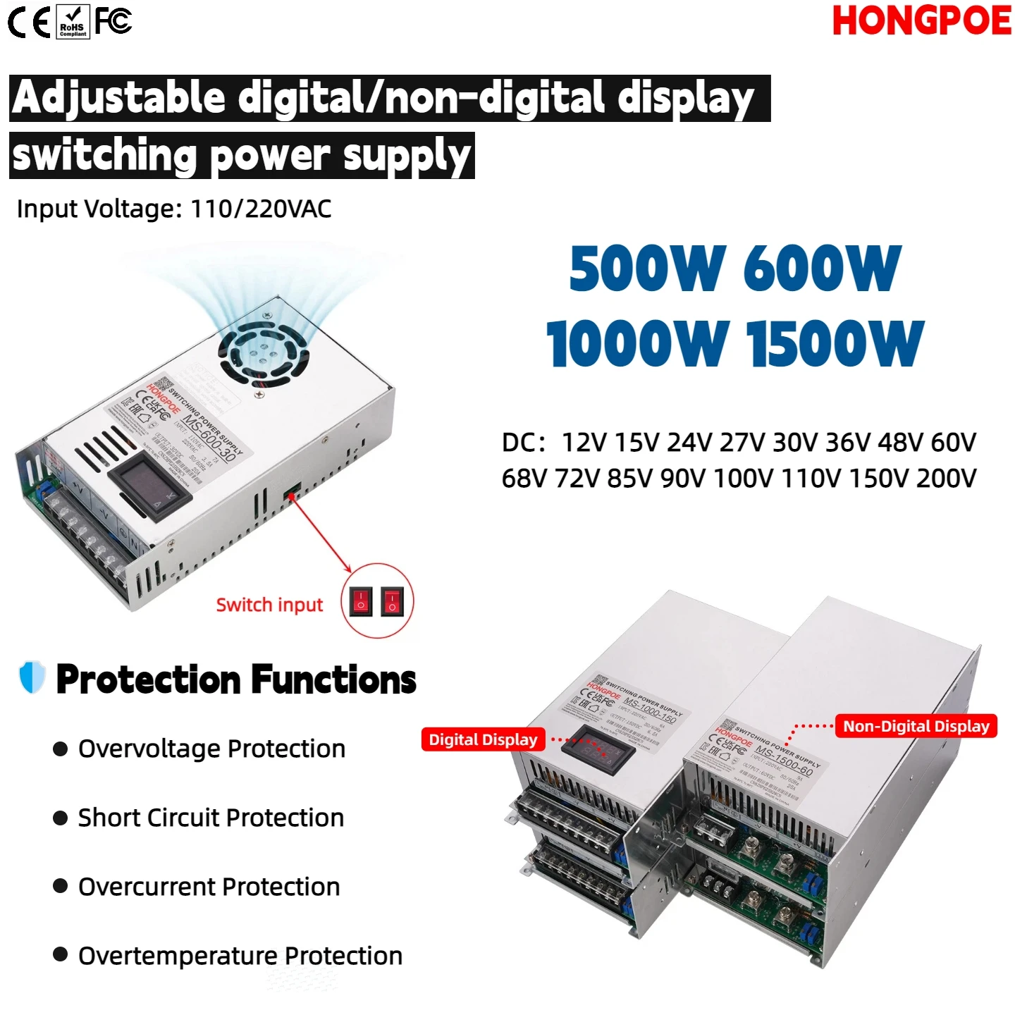 

Цифровой регулируемый блок питания SMPS 500W 600W 1000W 1500W, выход 12-200В, вход 110-220В переменного тока, для светодиодов, двигателей и аккумуляторов. Новая энергия.