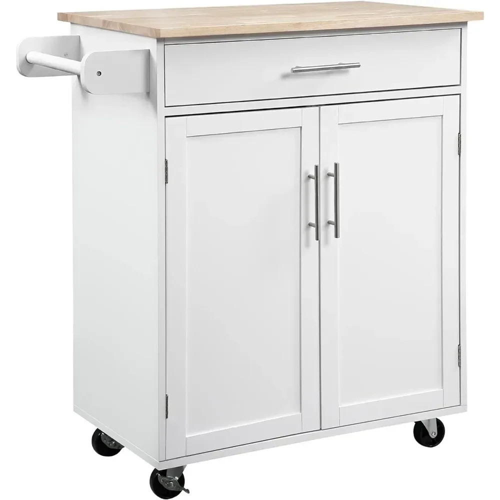 

%A Kitchen island cart with storage space, storage cabinets, drawers, and towel racks. Rolling kitchen island table with wheels