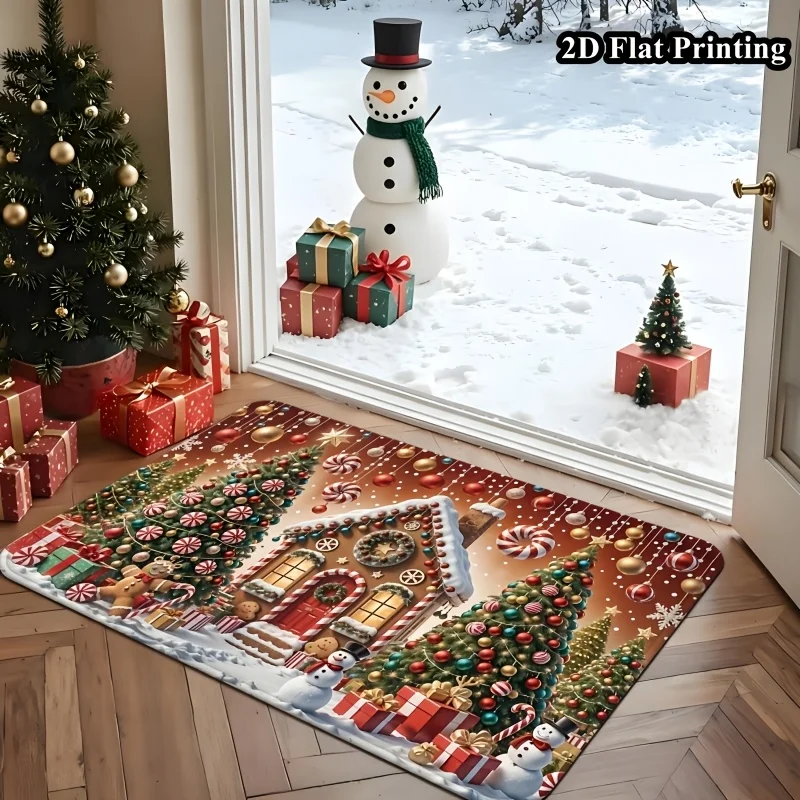 Christmas Gingerbread House Doormat Candy Cane Gift Box Snow Tree Print Entry Floor Mat Xmas Winter Front Door Home Decoration