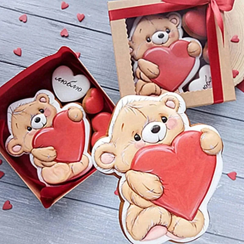 Valentine\'s Day Style Cookie Cutters and Stamps Cute Bear Biscuit Molds DIY Lover Cake Fondant Baking Tools Wedding Dessert gift