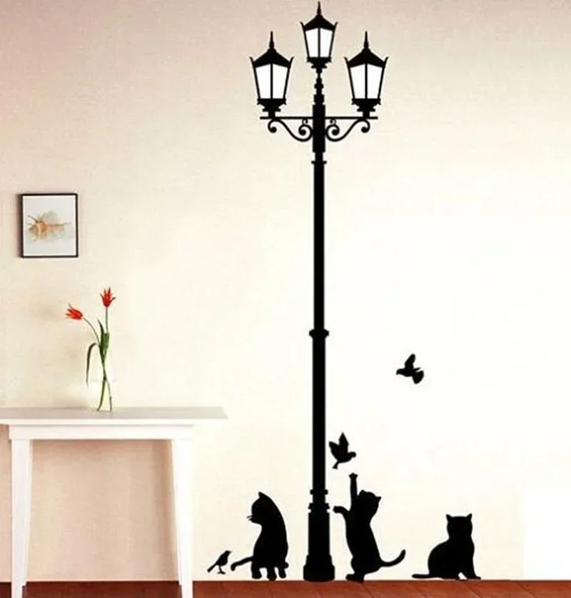 Creative New Popular Ancient Lamp Cats And Birds Wall Sticker Wall Mural Home Decor Room Kids Decals Wallpaper Home Decoration