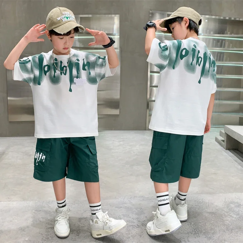 

T-shirt Shorts 2 Pieces Suit Teens Child Outfit with Letter Print Stylish Tween Boys Clothes Set Summer Kids Sport Short Sleeve